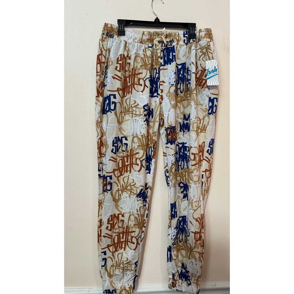 Fresh Prince Graffiti Print Joggers Pants Mens Tan Blue Brown‎ Drawstring SizeXL
